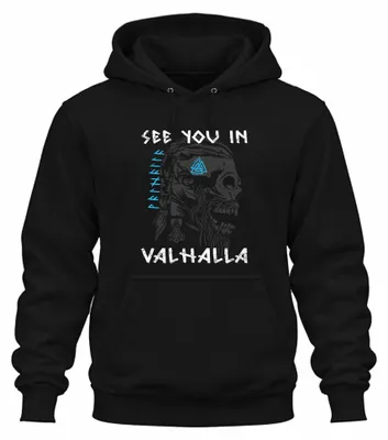 Imagen del producto de Camiseta con capucha uni, diseño "Valhalla, cráneo vikingo, Mjölnir, runas, mitología", color , talla M