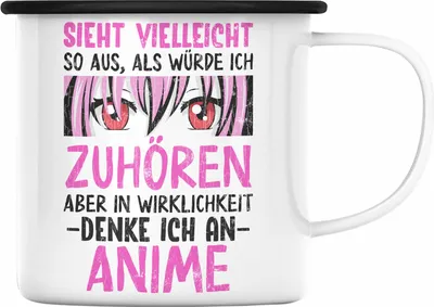 Produktbild von Trendation -  Anime Emaille Tasse Geschenk Spruch Emaille Emaille Tasse Geschenke Deko Anme Fan Sieht So Aus Als Würde Ich Dir Zuhören (Schwarz)