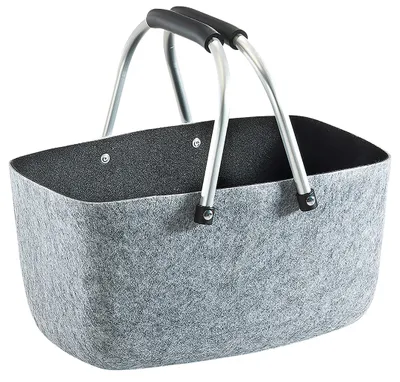 A gray felt basket with silver handles and black grips, shown against a white background.