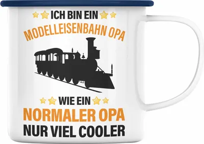 Produktbild von Trendation - Modeleisenbahn Opa Geschenk Emaille Tasse Spruch Geschenk Geschenkidee Opa Rentner Dampflokomotive Eisenbahn (Blau)