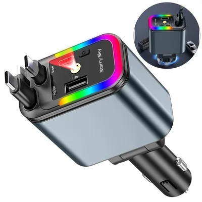 Produktbild von Zigarettenanzünder USB Autoladegerät mit Sternenhimmel-Projektor, 180 W KFZ Ladegerät USB-C, integriertes ausziehbares Type-C- und USB-Kabel