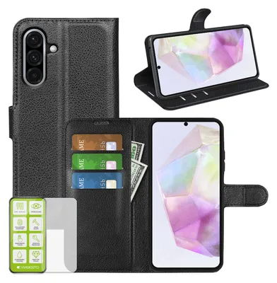 Produktbild von Für Samsung Galaxy A56 / A36 Kunstleder Book Wallet Tasche Schwarz + Hart Glas