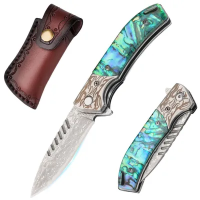 Immagine prodotto di Coltello tascabile damascato, a lama pieghevole, con manico in madreperla, acciaio VG10, lama di 7 cm