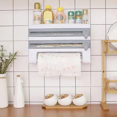 Produktbild von Famanu Wandhalterung Küchenrollenhalter mit Kräutergestell für Folie und Backpapier - Grau Blau