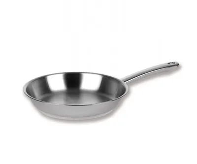A stainless steel frying pan on a white background.