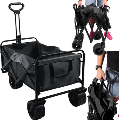 A black foldable wagon is shown in multiple views, including a full view, a folded view, and a close-up of the handle.