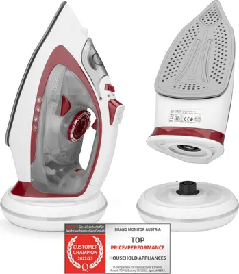 Produktbild von TZS First Austria Dampfbügeleisen kabellos 450ml, 2400W Bügeleisen, Dampfstoß 20g/min - Antikalk, selbstreinigend, Weiß/Rot