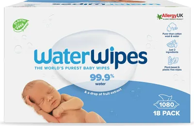 Produktbild von WaterWipes plastikfreie, originale Reinigungstücher für Babys, 1080 Stück (18 Packungen), 99,9 % wasserbasierte Reingugnstücher, unparfümiert für empfindliche Haut