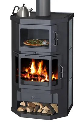 A corner wood-burning stove with a pizza oven compartment and a kettle on top.