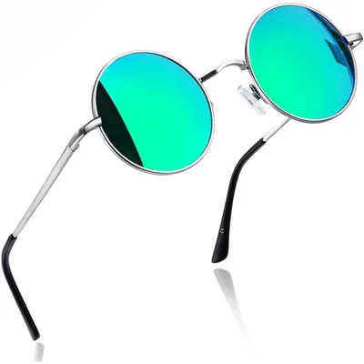 Produktbild von Runde Sonnenbrille Herren Damen Polarisierte Vintage UV400 Metallrahmen Silber Grün Verspiegelt