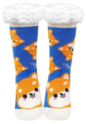 Produktbild von Damen Hüttensocken mit ABS Antirutschsohle Innenfrottee Tiermuster Blau 35-41