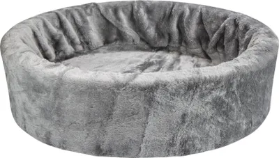 A round, plush pet bed in a neutral gray color, shown from a slightly elevated side angle against a white background.