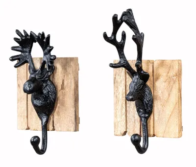 Produktbild von 2er Set Kleiderhaken Hirsch Schwarz Natur Mangoholz Garderobe Deko Wandhaken Wandgarderobe
