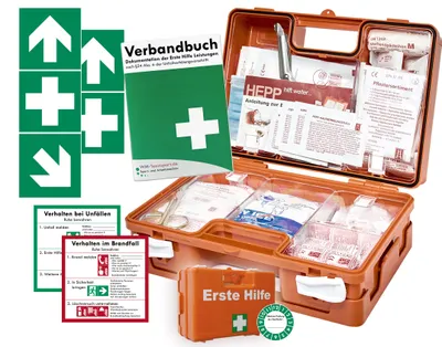 Produktbild von Erste-Hilfe-Koffer (mit Füllung nach aktueller DIN 13157) - incl. Verbandbuch & Wandhalterung für Betriebe + Folien-Aufkleber 1.Hilfe-Kennzeichnung