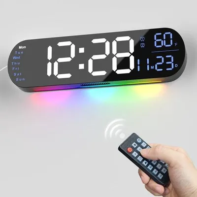 Obrázok produktu pre Digitálne nástenné hodiny s diaľkovým ovládaním, 34 cm, automatické nastavenie jasu, 9 RGB svetelných efektov, budík a časovač, 12/24-hodinový režim, teplota pre spálňu, dekorácia na stenu