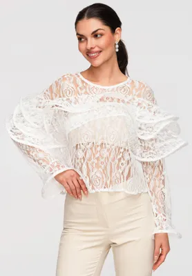 Produktbild von LARICA Bluse Kurz Ajour-Spitze Romantisch Elegant OW-TS-E0036 white ONESIZE