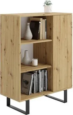 Produktbild von Regal Fondi mit Metallbeinen – Elegante Vitrine in Artisan Eiche, 6 offene Fächer und 1 Tür, Laminatplatte 18 mm, ideal für moderne Wohnzimmer | 40x116x90 cm