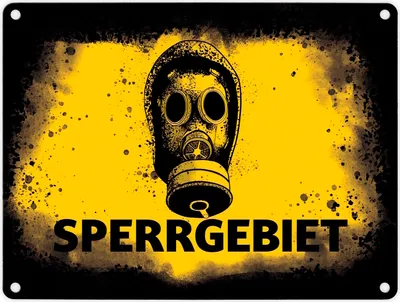 Produktbild von Sperrgebiet Metallschild in 15x20 cm mit Gasmaskenmotiv in gelb