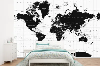 Produktbild von MuchoWow® Fototapete für Wohnzimmer oder Schlafzimmer Wandtapete Vinyl Motivtapete Weltkarte - Schwarz - Weiß - Atlas - Erde - Bildung - 330x220 cm - Kindertapete - Fototapeten