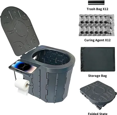 Produktbild von Campingtoilette - Tragbar - Schwerkraftspülung - 3/4,5 l Spülung - Verdeckter Tank - Deckel & Toilettenpapierhalter - Abnehmbares Sitzkissen & Handyhalter - Schwarz