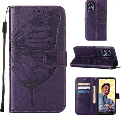 Produktbild von Lederhülle für Realme C55 Schmetterling Prägung Flip Ledertasche Kartenfächer Handyhülle mit Ständer Lila