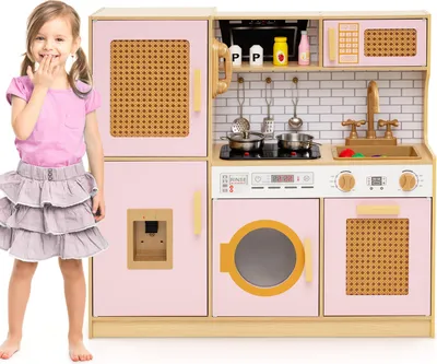 Produktbild von COSTWAY Kinderküche Spielküche, Holzküche Holz mit Rattantüren, Licht, Sound, Kühlschrank, Wasserspender, Waschmaschine&Kochzubehör, für Kinder 3+ Rosa