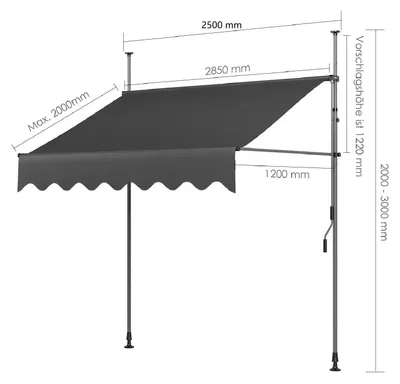 Obrázok produktu pre Markíza na balkón – pripevňovacia markíza, 250 x 120 cm – výškovo nastaviteľná (200-300 cm) – ručné výsuvnú mechanizmus – bez vŕtania – vodotesná a odolná voči UV žiareniu – sivá