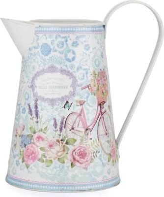 Image de Déco Pot en métal Vase à fleurs en métal avec poignée et bec verseur Vintage Retro Décoration Shabby Motif vélo avec fleurs