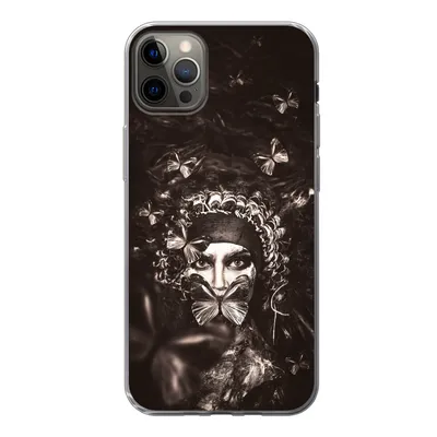 Produktbild von MuchoWow® Handyhülle Schutzhülle Hülle für iPhone 13 Pro Max Frau - Schmetterling - Schwarz - Weiß Silikon Softcase Handy Hülle - Mobiltelefon
