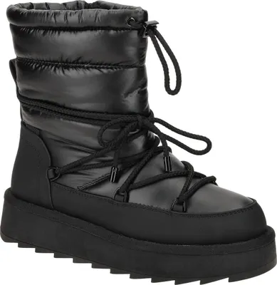 A black winter boot is shown against a white background.