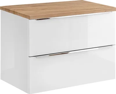 Produktbild von Waschtischunterschrank 81cm mit 2 Auszügen TOSKANA-56 in Hochglanz weiß mit Wotaneiche, B/H/T ca. 81/59,5/46 cm