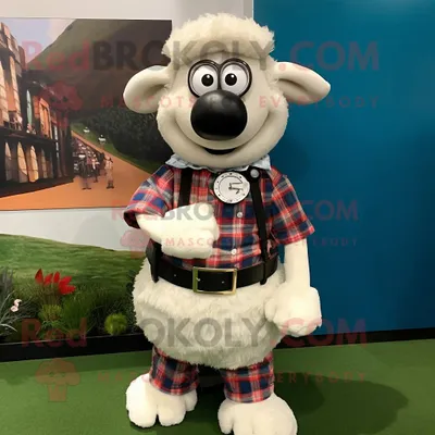 Produktbild von Weiße REDBROKOLY Suffolk-Schaf Maskottchen Kostüm figur bekleidet mit einem Flanellhemd und Armbanduhren