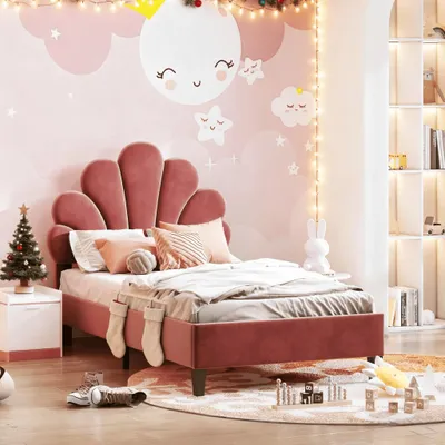 Immagine prodotto di Letto singolo - Letto - Divano letto - Letto per bambini - Letto per adolescenti - Testiera a forma di fiore rosa