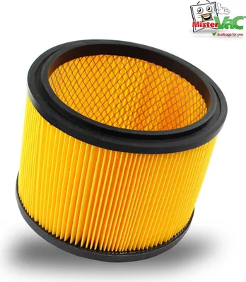 A close-up studio shot of a yellow pleated filter with a black rubber rim, set against a white background.