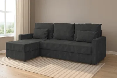 Produktbild von Ecksofa **KUBO L** mit Schlaffunktion **120 × 200 cm**, Bettkasten, universell links/rechts montierbar, **Kronos 34 Graphit**, **226 cm**.