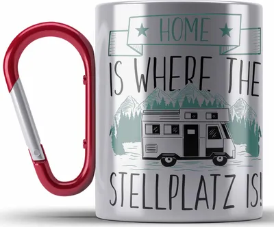 Produktbild von Trendation - Home Is Where The Stellplatz Is Edelstahl Tasse Karabiner Geschenk Wohnmobil Camper Wohnmobilfahrer Geschenkidee Lustig (Rot)