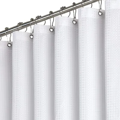 Productafbeelding van Douchegordijn met wafelstructuur, 180 x 220 cm, extra lang, schimmelwerend, zwaar, gevoerd met waterdichte folie, met 12 plastic haken, verzwaard voetstuk, polyester douchegordijn voor de badkamer, wit