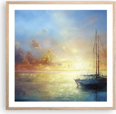 Produktbild von Gerahmtes Poster - Rahmen in heller Eiche - Segelboot Westen die Sonne - 60x60 cm - Wand Bild - Wanddeko - Wandbilder - Wandposter - Bilderrahmen - Bilder - Kunstdruck - Wandbild - P2NAC60x60-4145