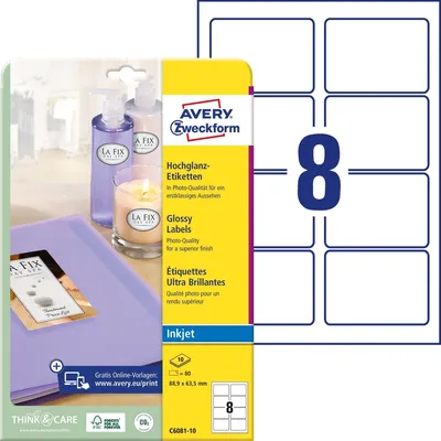 Obrázok produktu pre Avery C6081-10, Biela, Samolepiaci štítok, A4, Papája, Inkjet, Permanentný