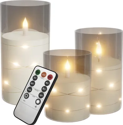 Obrázek produktu pro XINZI LED svíčky sada 3 ks 7,5x10/12,5/15cm - blikající plamen + světelný drát, dálkové ovládání a časovač s 11 tlačítky, včetně 6 baterií AA, průhledné