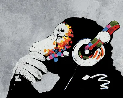 Produktbild von Streetart Kunstdruck Bild - Banksy Affe mit Kopfhörern, Musik (40 x 50 cm)