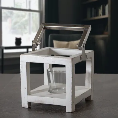 Produktbild von Laterne aus Holz, Windlicht, Weiß, Tragehenkel, Chabby Chic