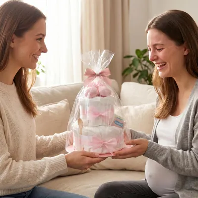 Produktbild von Windeltorte 2 Stockwerke, rosa, mit Babysocken und Grußkarte, Geburtstagsgeschenk