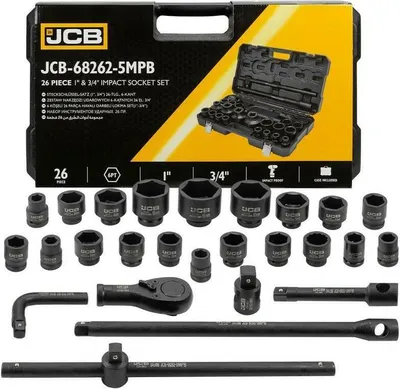 Obrázok produktu pre JCB | sada náradia, 26TLG, 3/4", 17-50mm, šesťhran, naplnený kufor, box na náradie, box na náradie