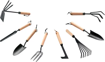 Produktbild von 8-teiliges Set: Hacke, Schaufel x3, Rechen, Krallen, Messer