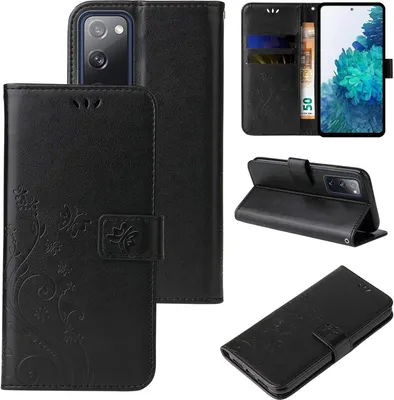 Collage of images showing a black flip phone case with floral and butterfly designs, displaying its features and different angles.