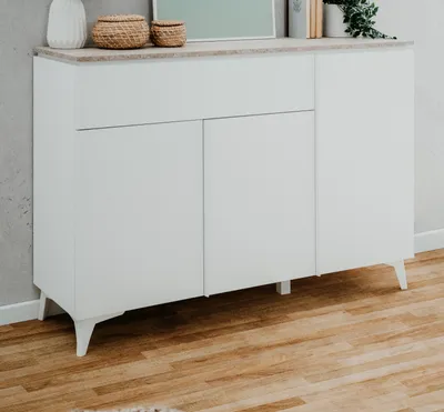 Produktbild von Sideboard "Visby" in weiß und Sandstein, Kommode 133 x 92 cm mit Steinoptik