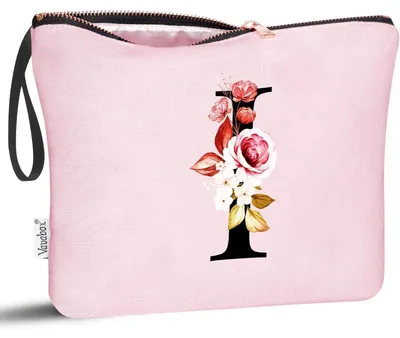 Productafbeelding van Cosmetica tas met gepersonaliseerde letter "I", roze katoenen canvas