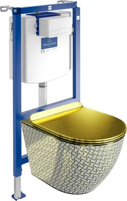 Produktbild von DOMINO Villeroy&Boch ViConnect H112 Vorwandelement Unterputz WC mit Bedienplatte + Wand Hänge Tiefspül WC Sofi Slim Golden Never Die | WC Komplettset|