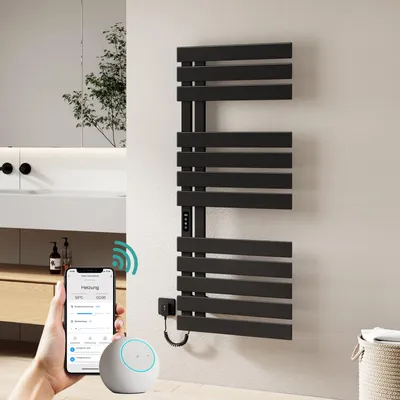 Produktbild von EMKE Elektrischer Handtuchheizkörper, APP Smart Steuerung mit Wochenprogramm, Funktions-Upgrade, 130x50 cm, 440 W, Schwarz, Handtuchtrockner